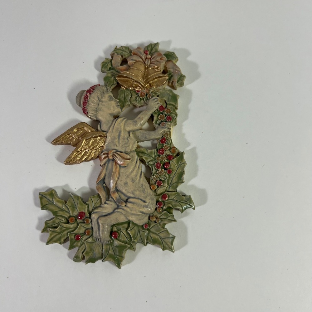 Vintage Santas World Holly Fairy‎ Bells Christmas Ornament 3 x 5" Green Tan Pink